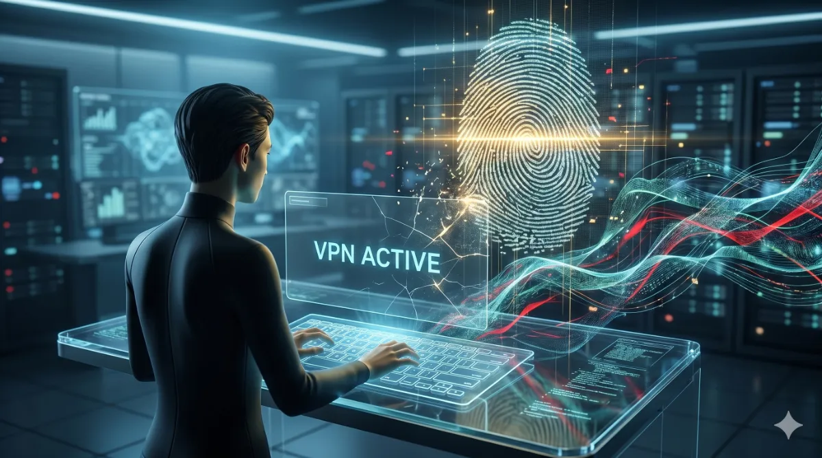 Futuristische weergave van een gebruiker met VPN ACTIVE-scherm terwijl een digitale vingerafdruk wordt gescand
